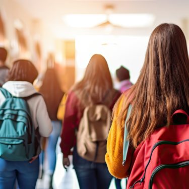 There are many students walking to the pathway of school. they are all facing back and wearing backpacks. At the end of the pathway is really bright with the sun outside.