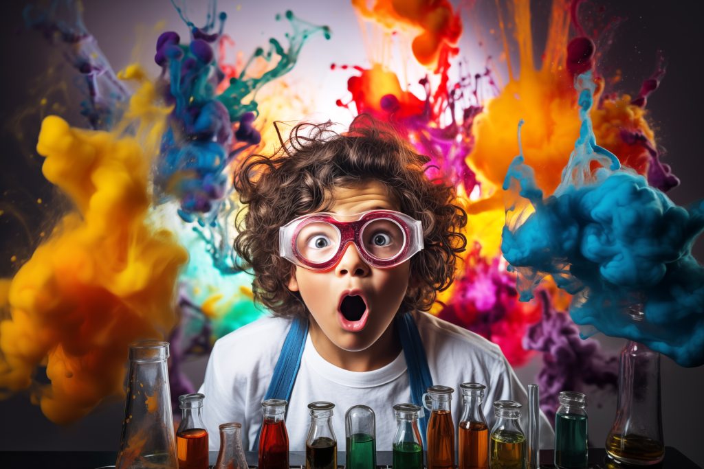 A boy is surprised after he finishes some experiments. All the experiment tools are just in front of him ,and the background is full of different colored smoke